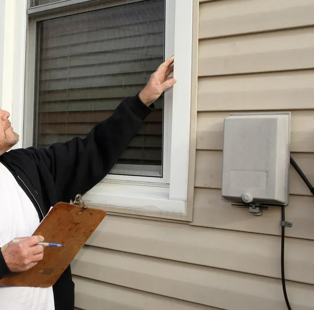 A man is looking out a window while holding a clipboard