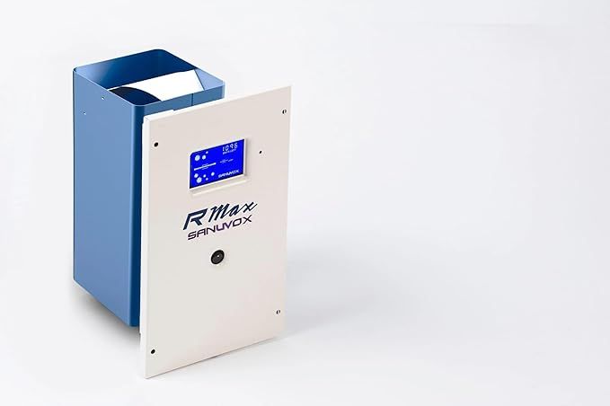 Une boîte bleue et blanche avec un affichage dessus est posée sur une surface blanche.