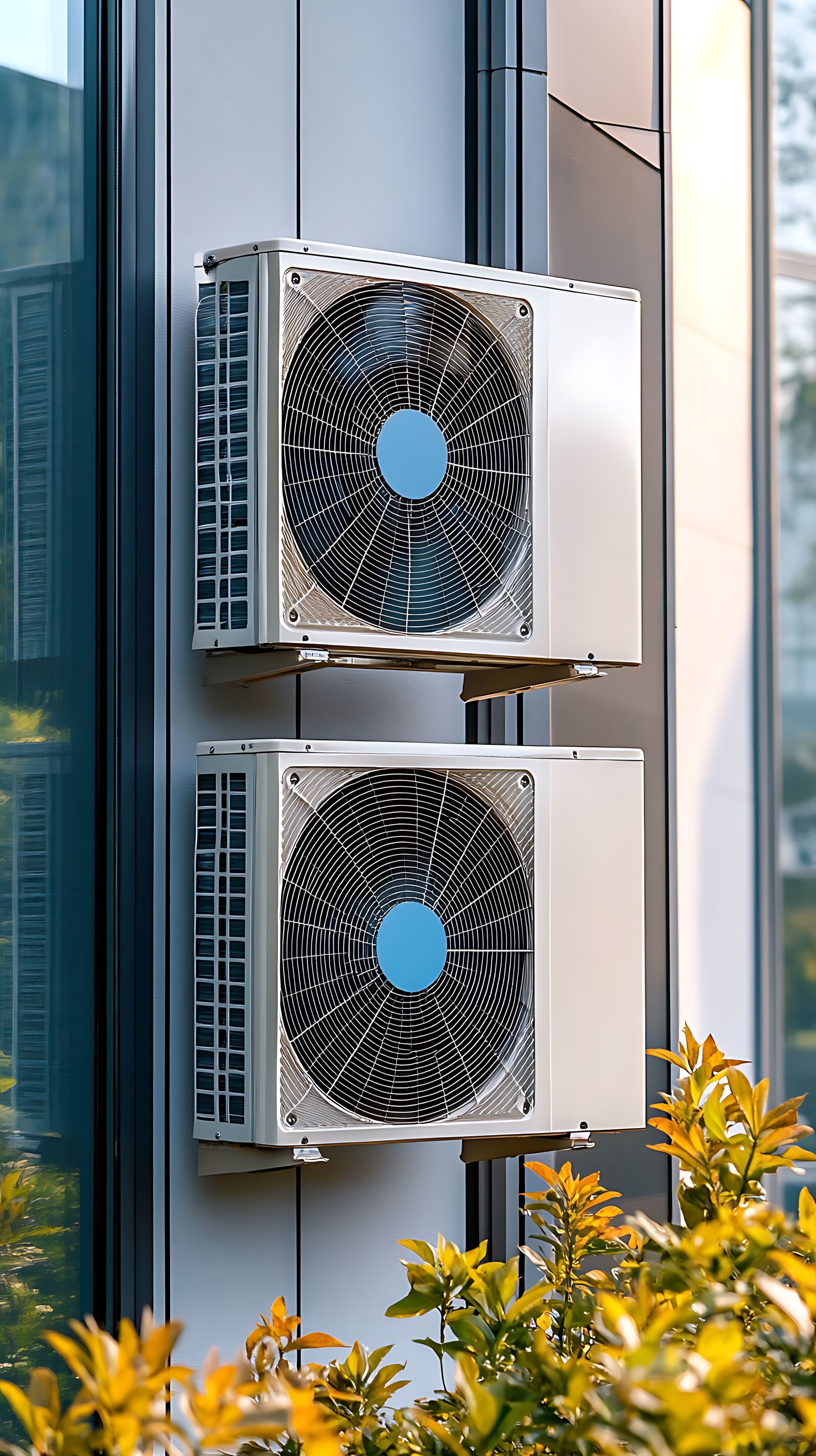 Deux climatiseurs sont montés sur le côté d'un bâtiment.