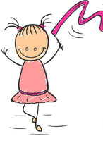 Bambina dei cartoni animati con un vestito rosa che balla e agita un nastro rosa acceso sopra la testa