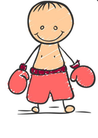 Bambino dei cartoni animati con guantoni e pantaloncini da boxe rossi, in piedi e sorridente.