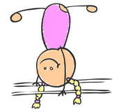 Insetto stilizzato a testa in giù su una linea, con corpo viola e zampe gialle penzolanti.