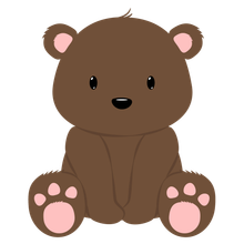 Simpatico orsetto di peluche marrone con zampe e orecchie rosa e un piccolo sorriso, seduto su uno sfondo bianco.