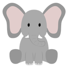 Simpatico elefantino grigio in stile cartone animato con orecchie rosa, seduto frontalmente su uno sfondo bianco.