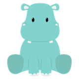 Simpatico ippopotamo color verde acqua, in stile cartone animato, seduto e rivolto in avanti su sfondo bianco.