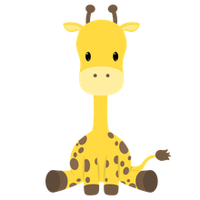 Simpatica giraffa gialla in stile cartone animato con macchie marroni, piccole corna e grandi occhi, seduta su uno sfondo bianco.