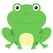 Simpatica rana verde in stile cartone animato con la pancia giallo pallido e grandi occhi rotondi, seduta e sorridente.