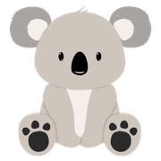 Simpatico peluche di koala grigio seduto con zampe e naso neri su sfondo bianco