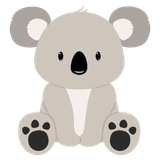 Simpatico peluche di koala grigio con zampe e naso neri, seduto frontalmente su uno sfondo bianco.