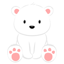 Simpatico orsetto di peluche bianco con zampe e orecchie rosa, seduto e rivolto in avanti su sfondo bianco.