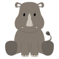 Simpatico ippopotamo grigio in stile cartone animato, seduto frontalmente, con piccoli occhi neri, zanne bianche e una coda a ciuffo.