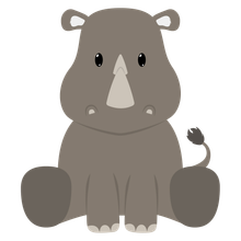 Rinoceronte grigio dei cartoni animati seduto frontalmente con piccole corna e coda a ciuffo