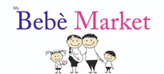 Il logo di My Bebe Market con testo viola e rosa e l'illustrazione di una famiglia sorridente.