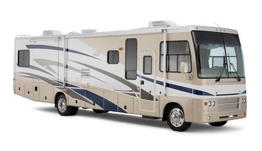 A large rv is parked on a white background. Motorhome repairs