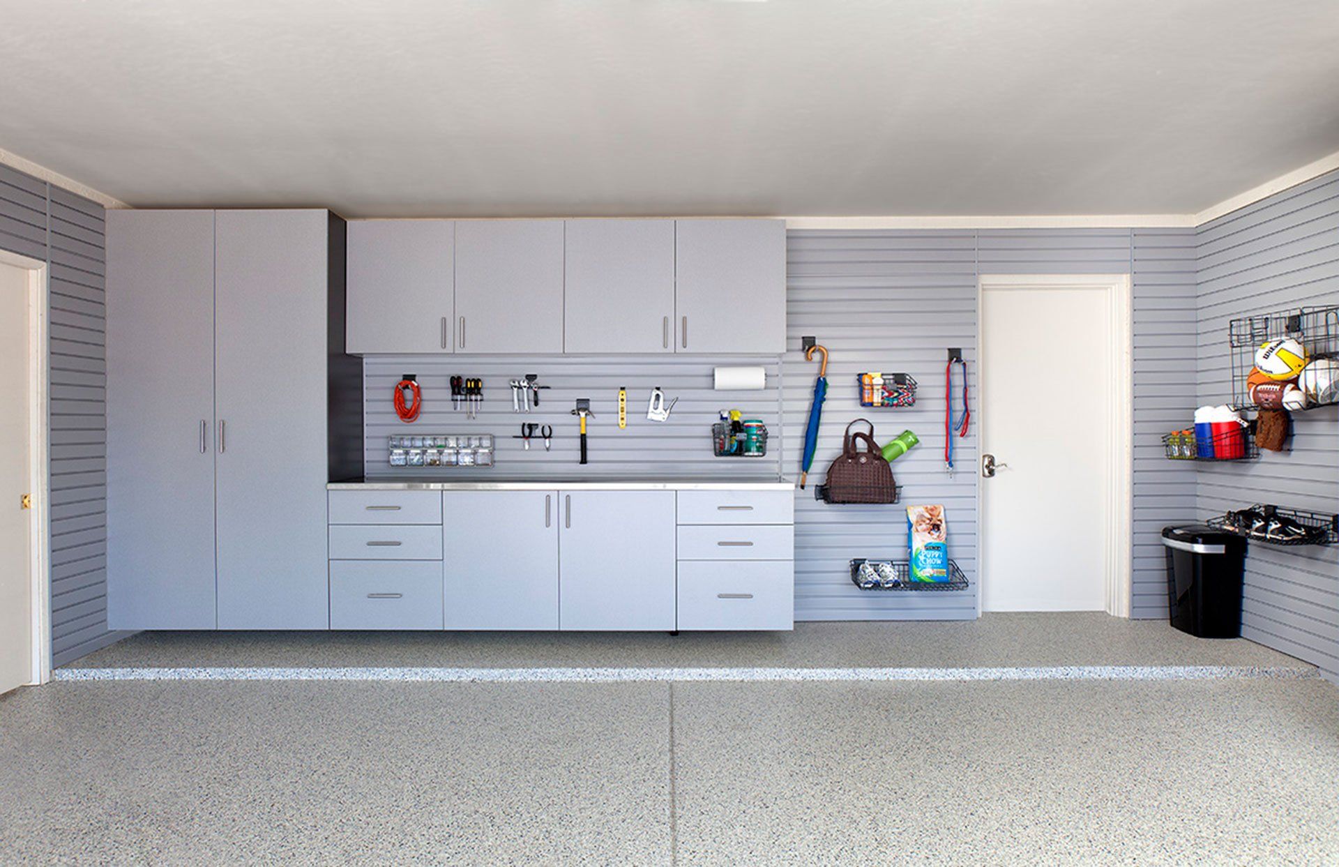 Silver Garage Cabinets with Slatwall Organizers
