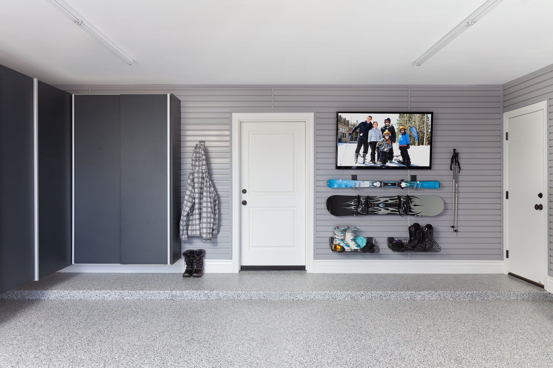 Granite Garage Cabinets with Slatwall Organizers
