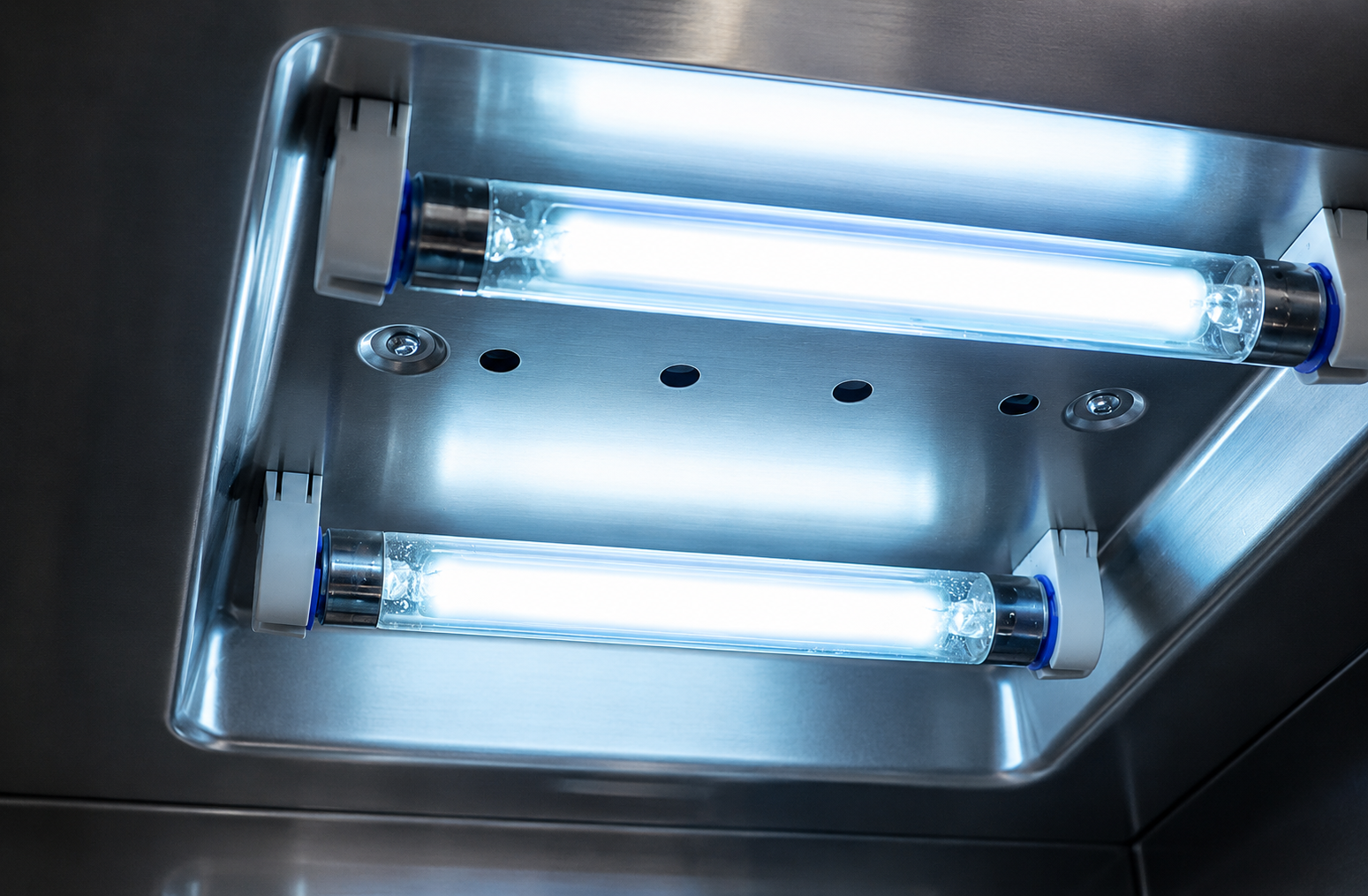 Two bright fluorescent tubes in a metal ceiling light fixture