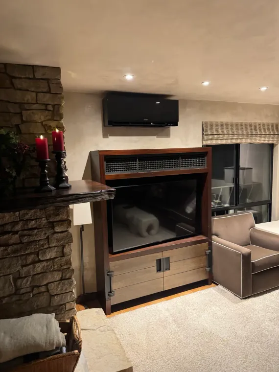 Living room with stone fireplace, built-in TV cabinet, and tan armchair by a window