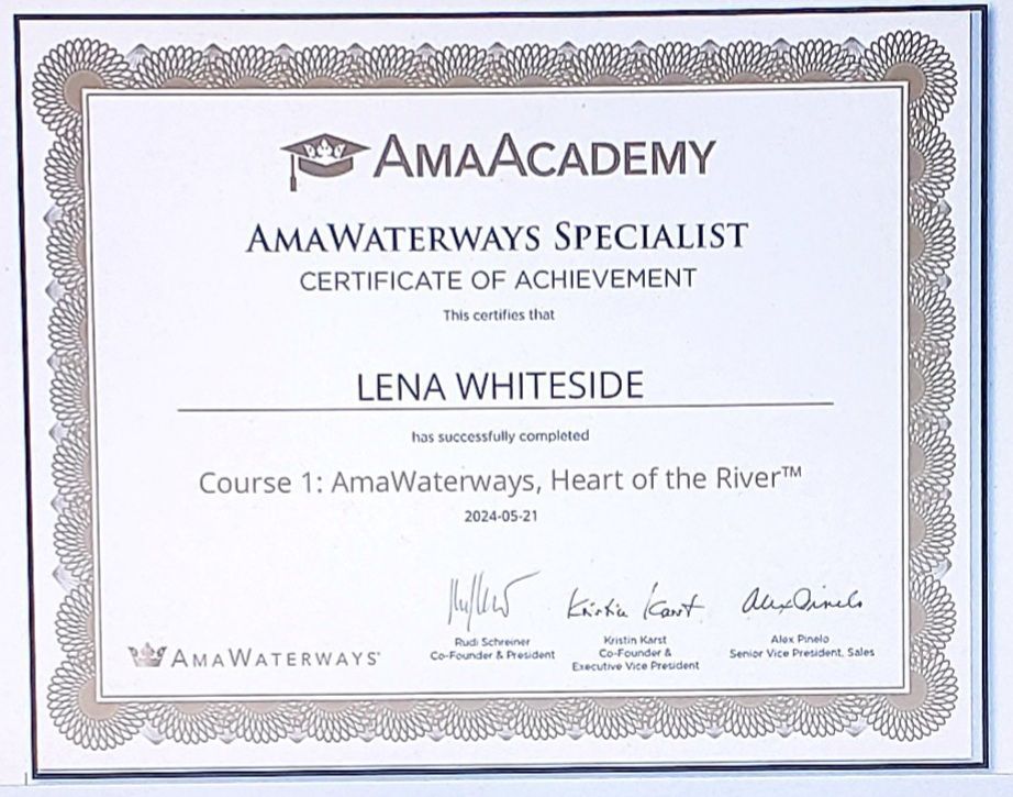 Certificate of Achievement for Lena Whiteside, AmaWaterways Specialist, from AmaAcademy.