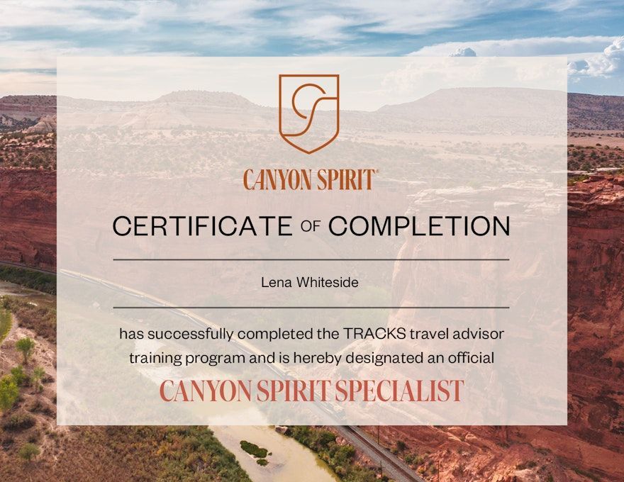 Certificate from Canyon Spirit, awarded to Lera Whiteside for completing the TRACKS travel advisor program.