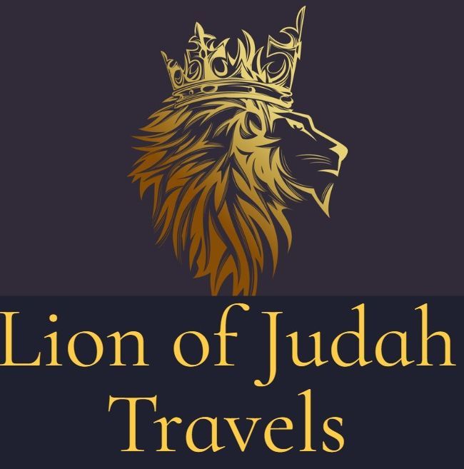 Lion of Judah with a golden crown, with text "Lion of Judah Travels" on a dark background.