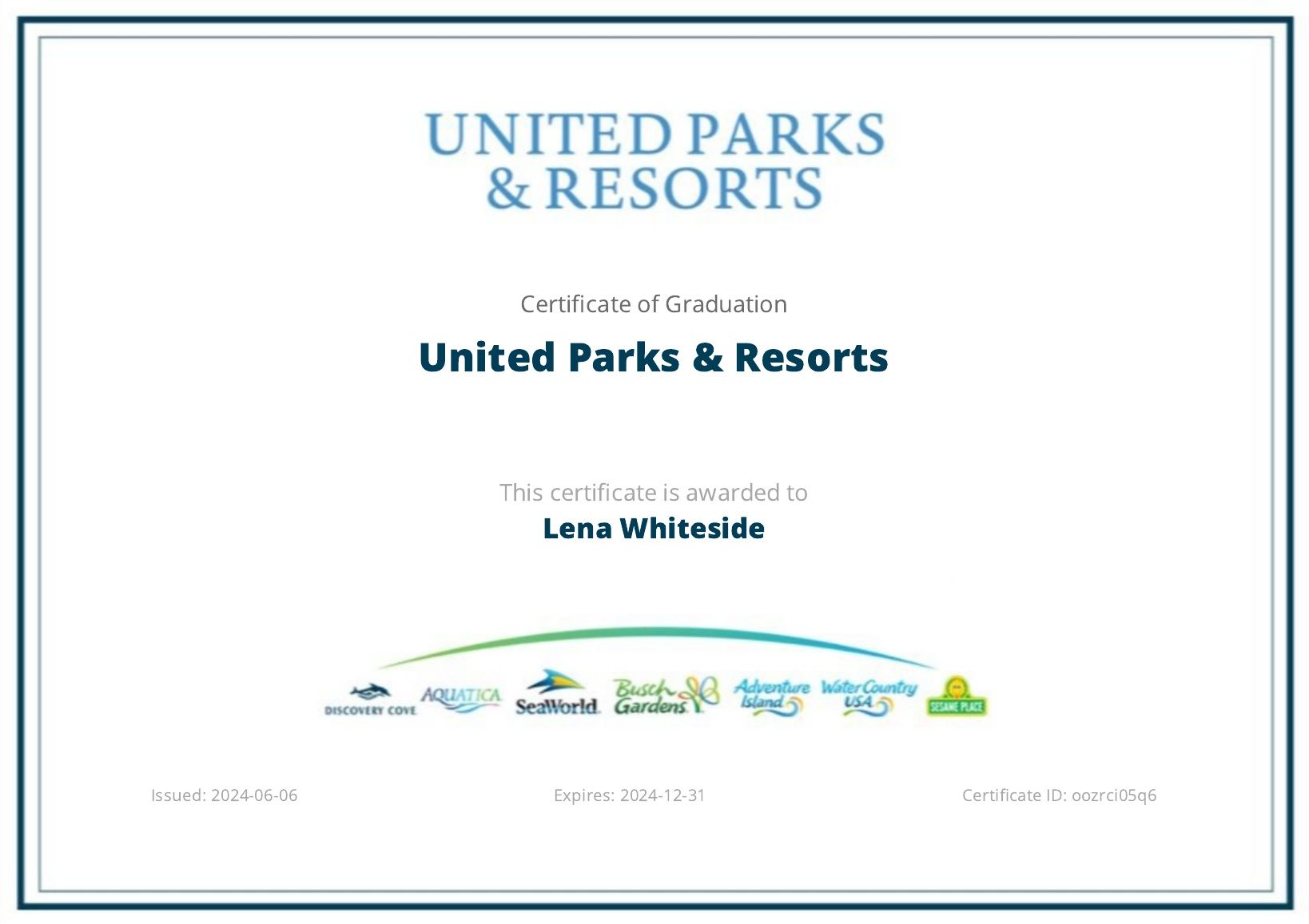 Certificate of introduction from United Parks & Resorts, recipient Lena Whiteside, featuring park logos.