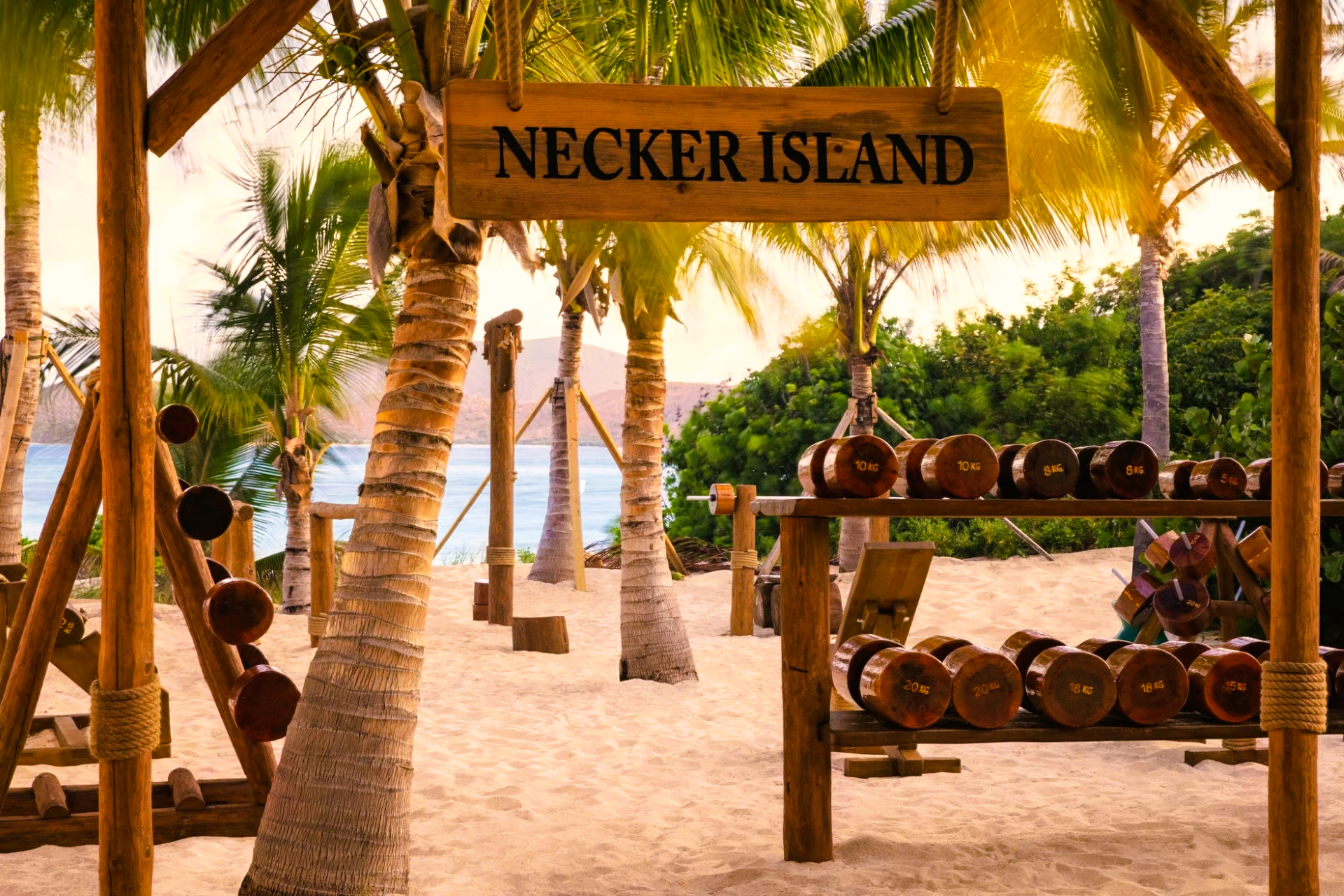 A wooden sign hanging from a palm tree says necker island