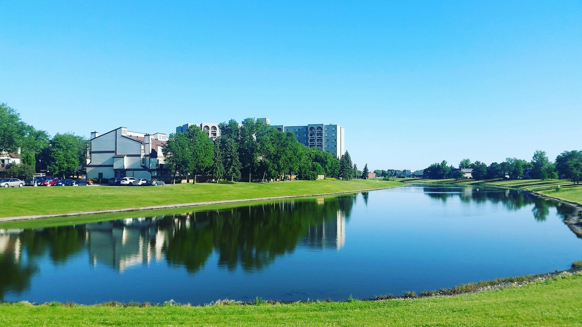 A large body of water surrounded by grass and trees