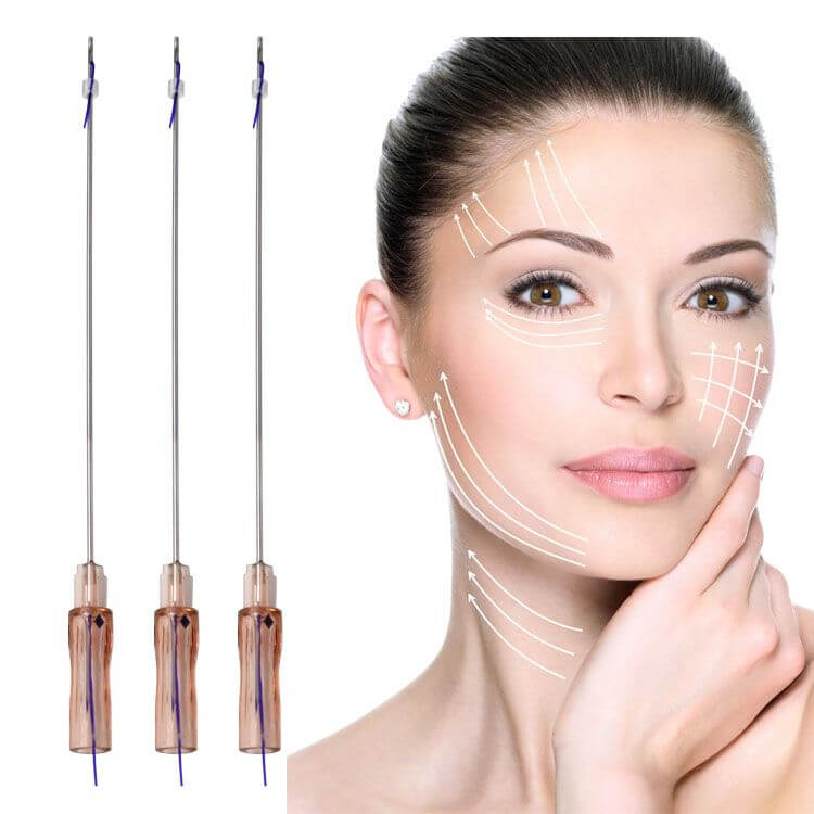 A woman with a drawing of a needle in her face.