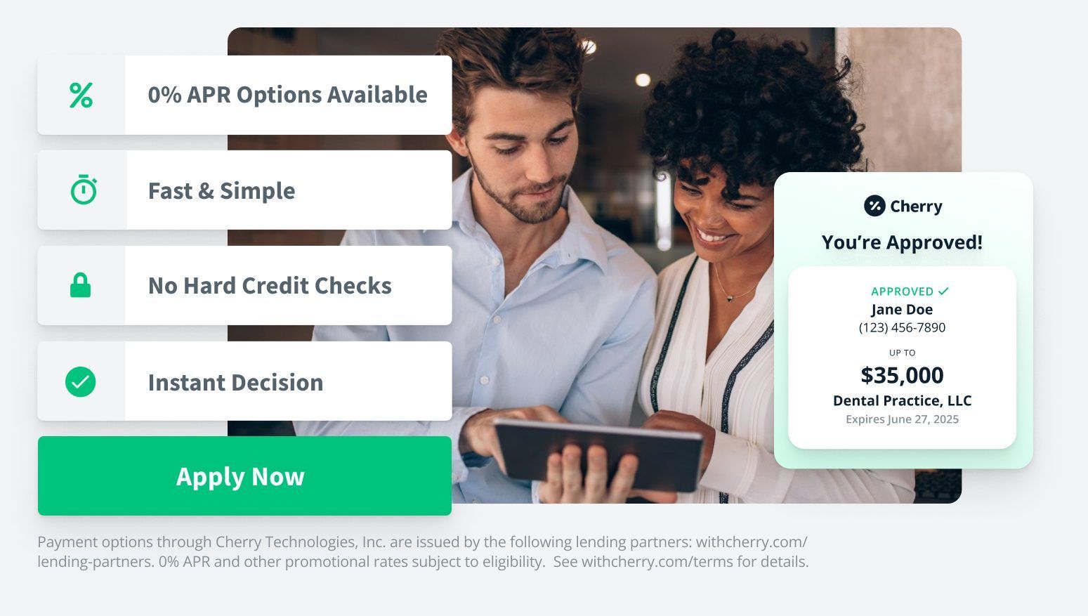 Loan application advertisement. Couple looks at tablet. Features include 0% APR, instant decision, and $35,000 credit.