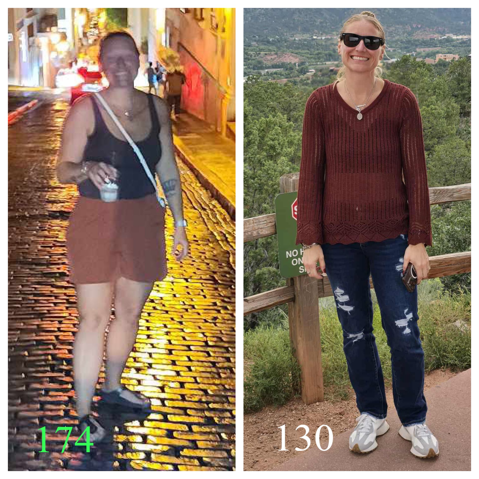 Side-by-side comparison. Woman at 174 pounds vs. 130. Left: Night, holding drink. Right: Outdoors, jeans.