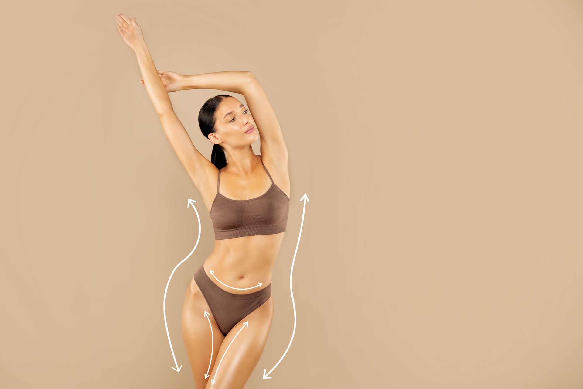Woman in brown lingerie, arms raised, body shape arrows, beige background.