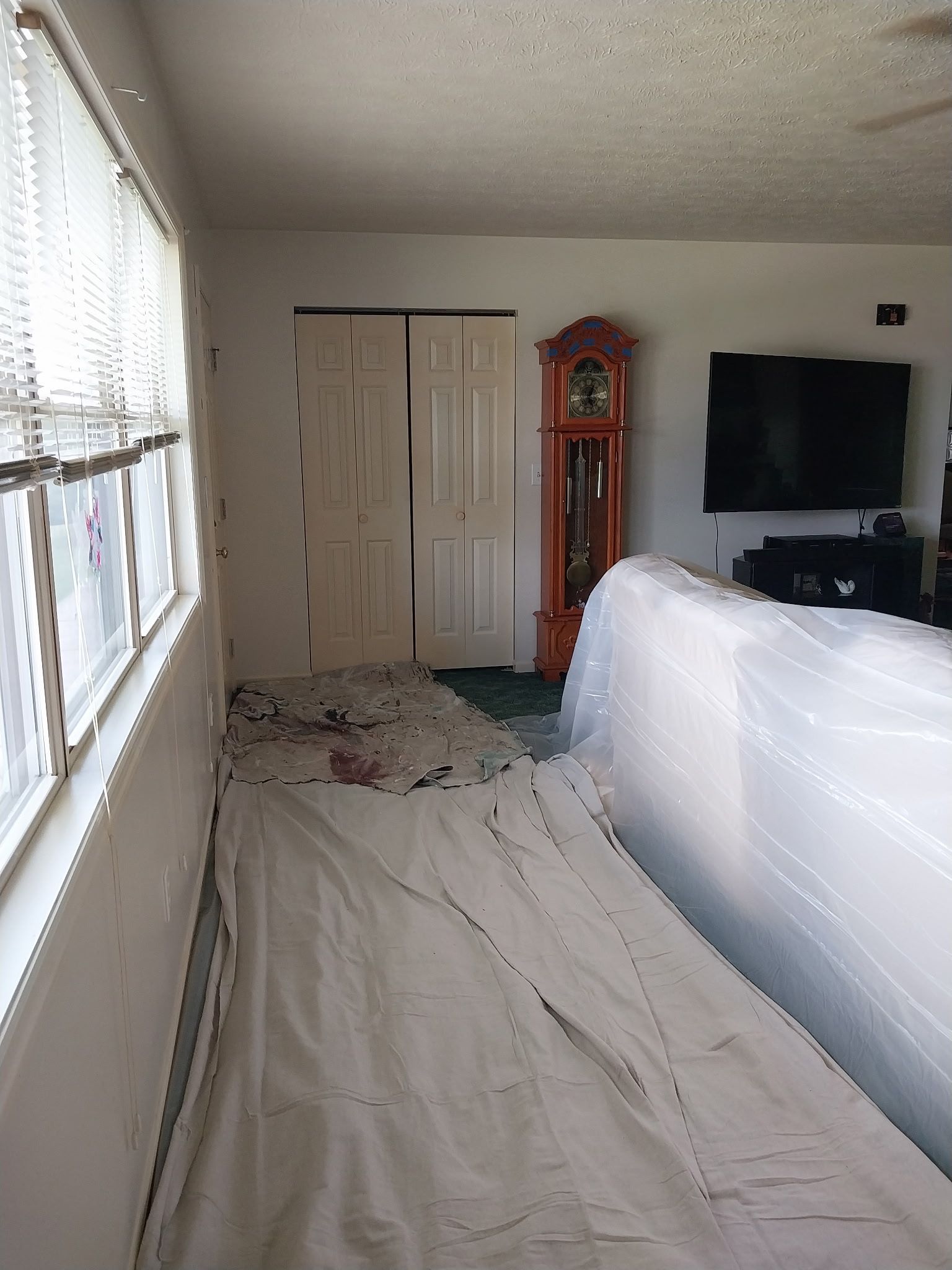Living room with white-covered furniture, window blinds, a grandfather clock, and a television.