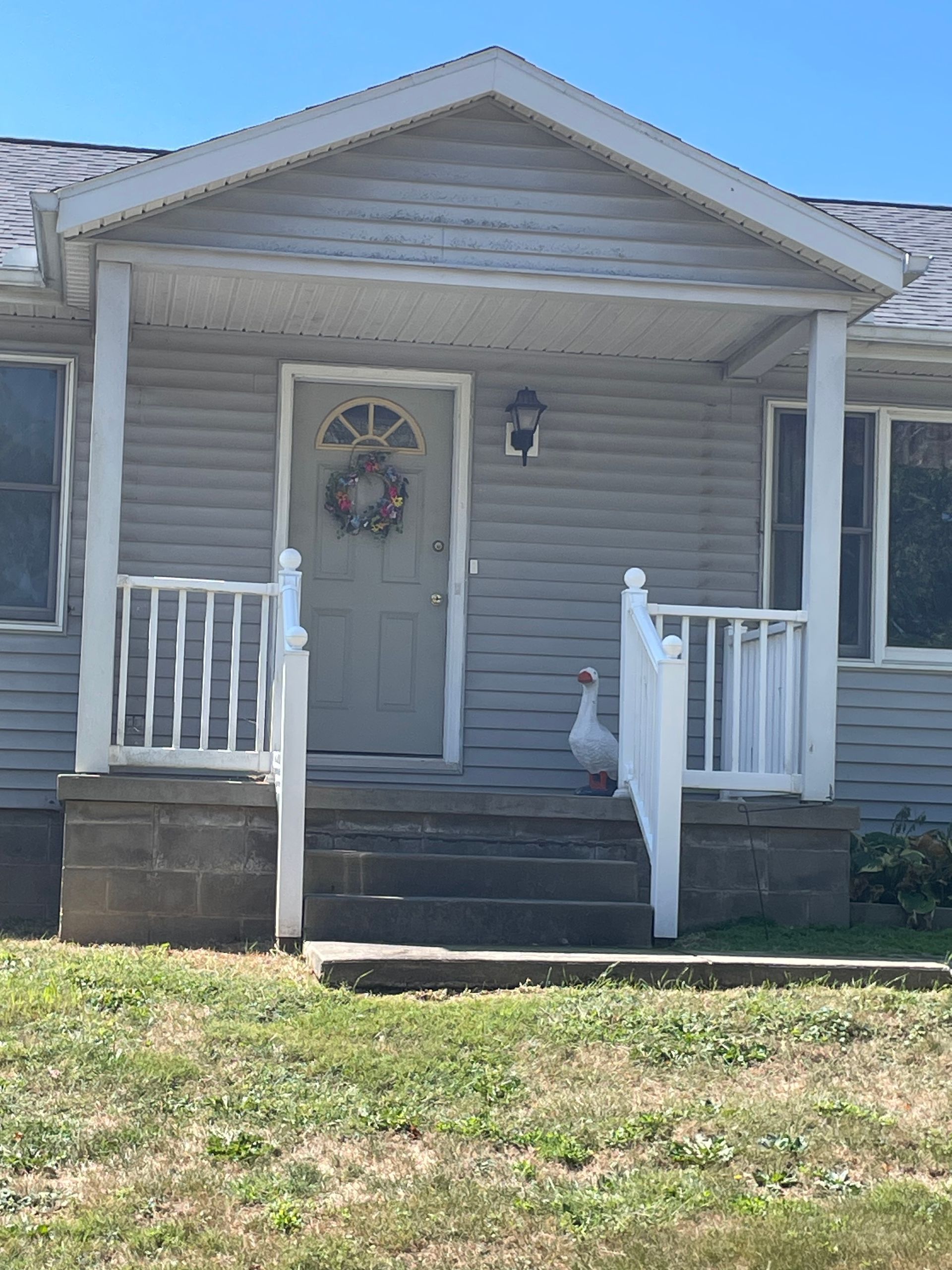 Goose on the porch steps of a house with a wreath on the front door.