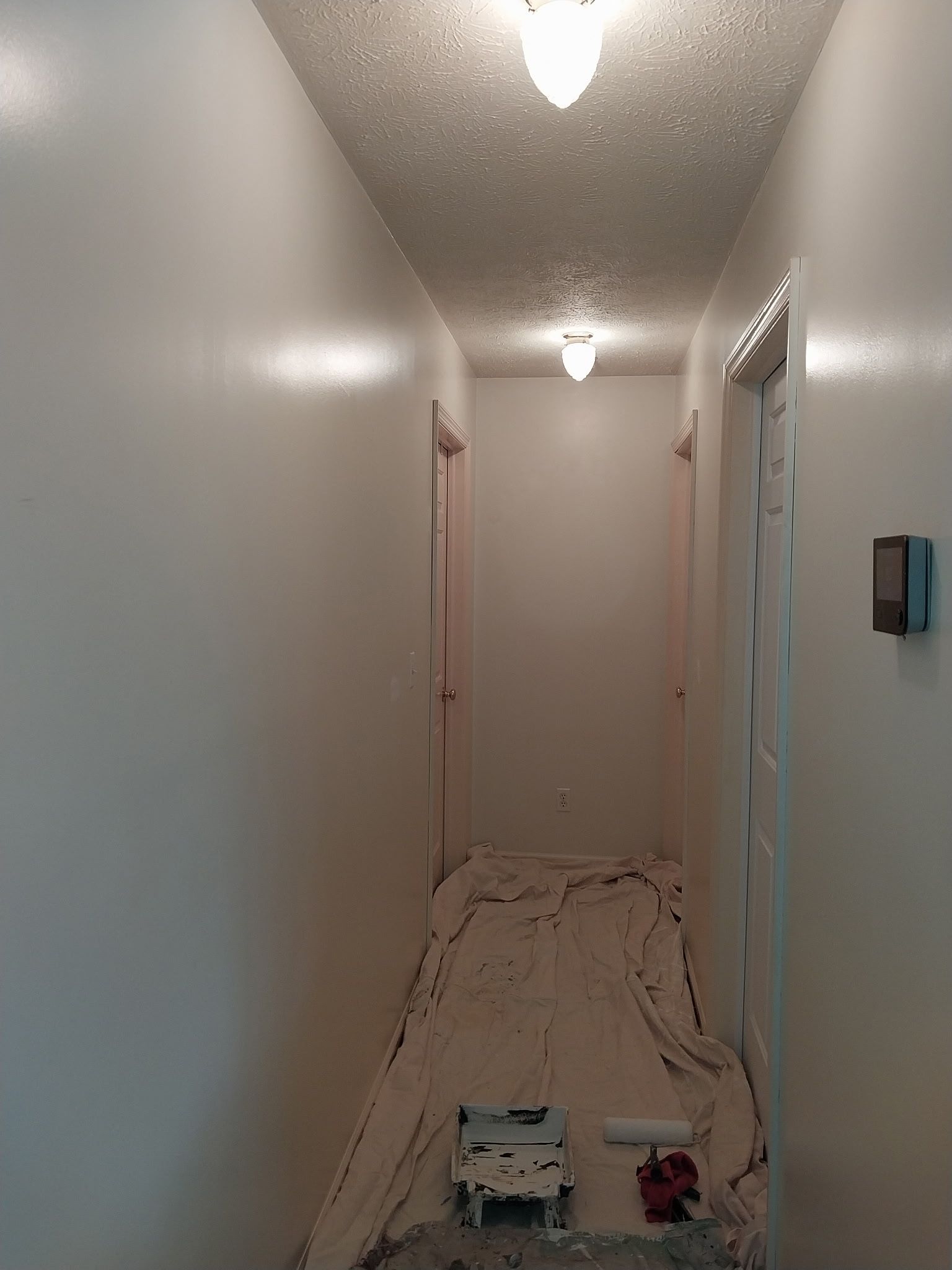 Hallway being painted white, drop cloths on floor, paint roller and tray visible.