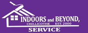 Logo for "Indoors and Beyond" with house, paint roller, and the word "Service" on a purple background.