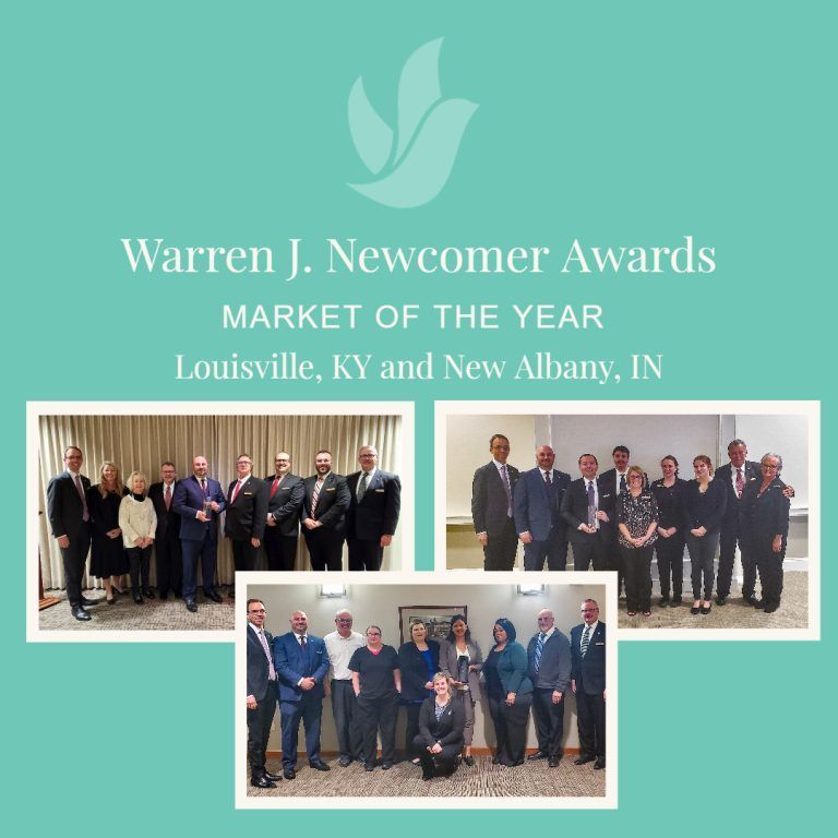 Announcement: Warren J. Newcomer Awards, Market of the Year. Louisville, KY and New Albany, IN, with photos of award recipients.