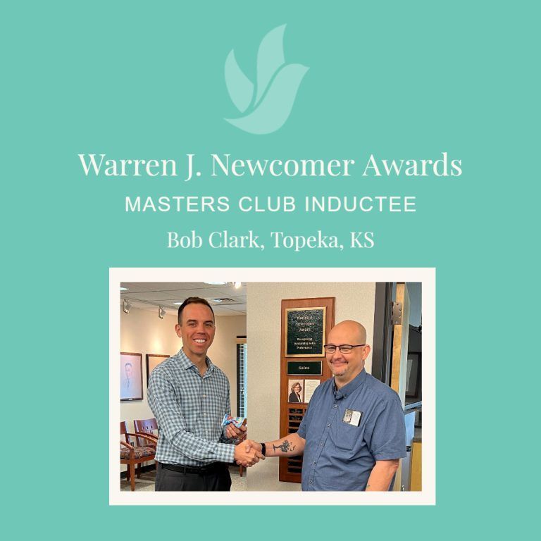 Two men shaking hands in a room; blue-green background with text about Warren J. Newcomer Awards.