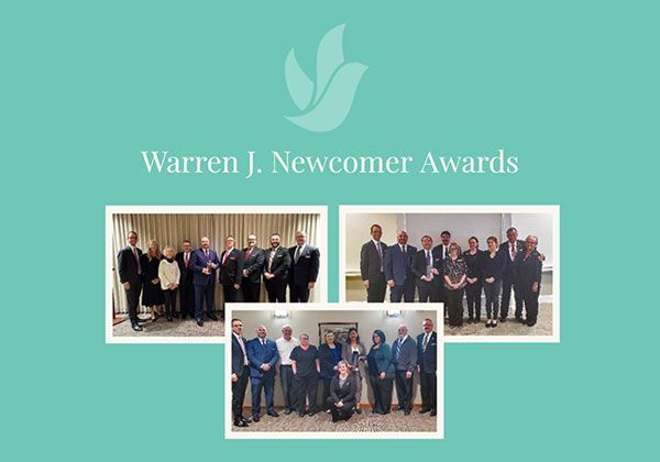 Warren J. Newcomer Awards graphic; three group photos with people in suits. Teal background with dove logo.