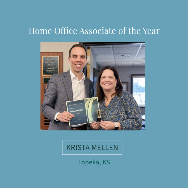 Two people holding an award. Woman smiles, holding a trophy. Man holds framed certificate. Text: Krista Mellen, Topeka, KS.