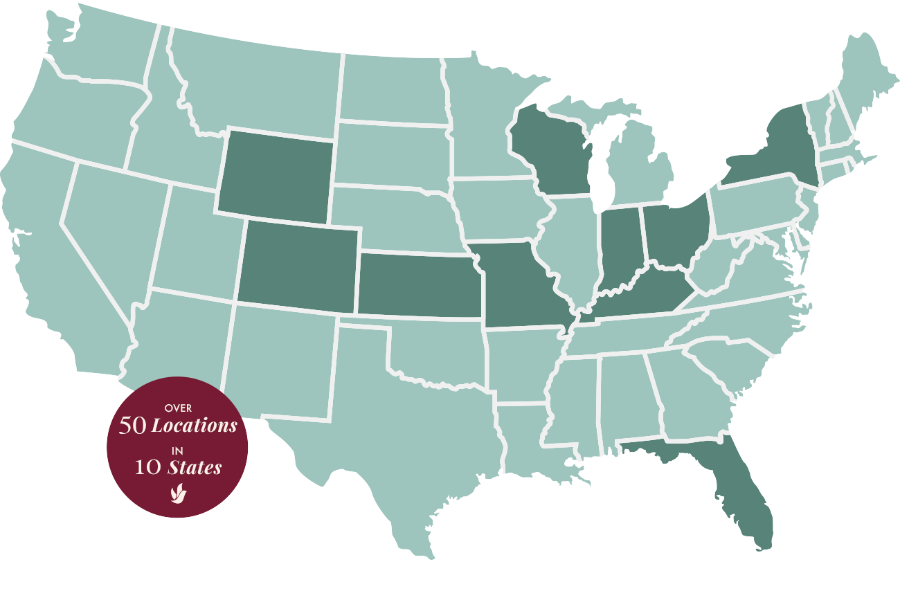 Map of the United States highlighting 10 states with 50 locations in a darker shade of teal.