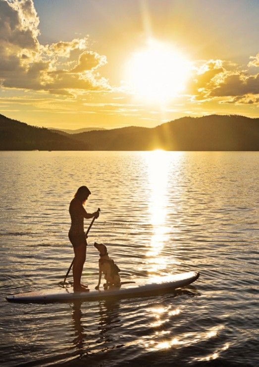 A woman and a dog are paddle boarding on a lake at sunset.