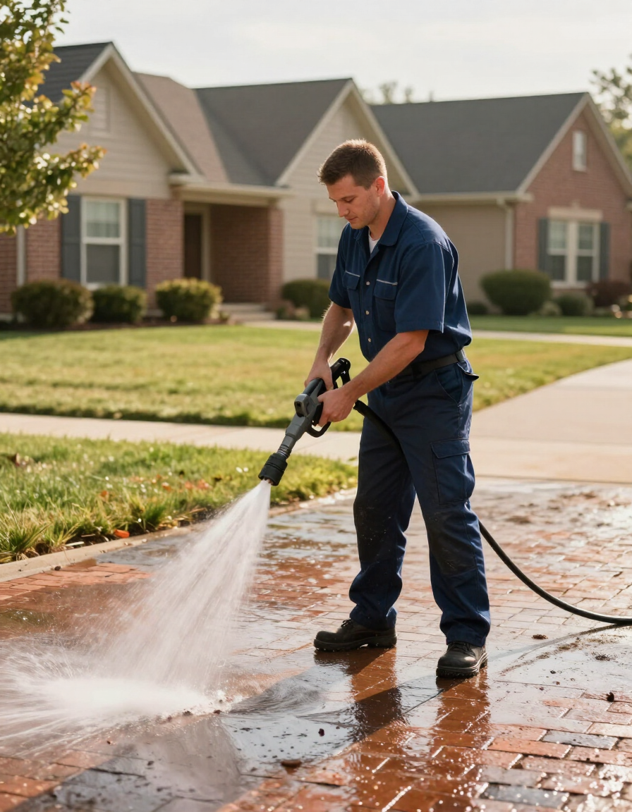 Worker spraying water on a brick driveway in a suburban neighborhood
