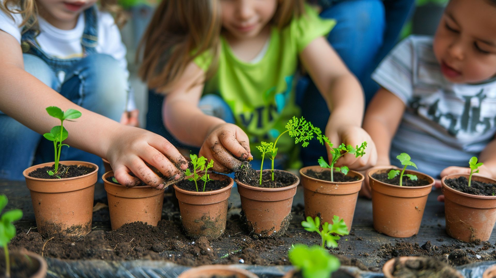 Kids planting sprouts in pots