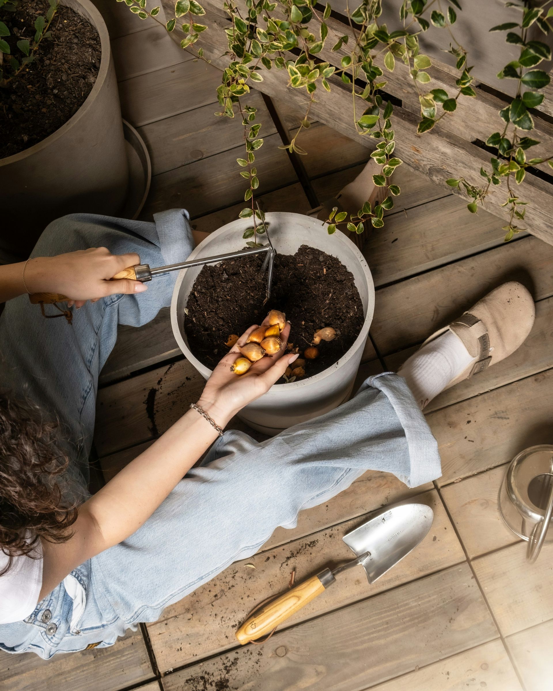woman planting bulbs into pot