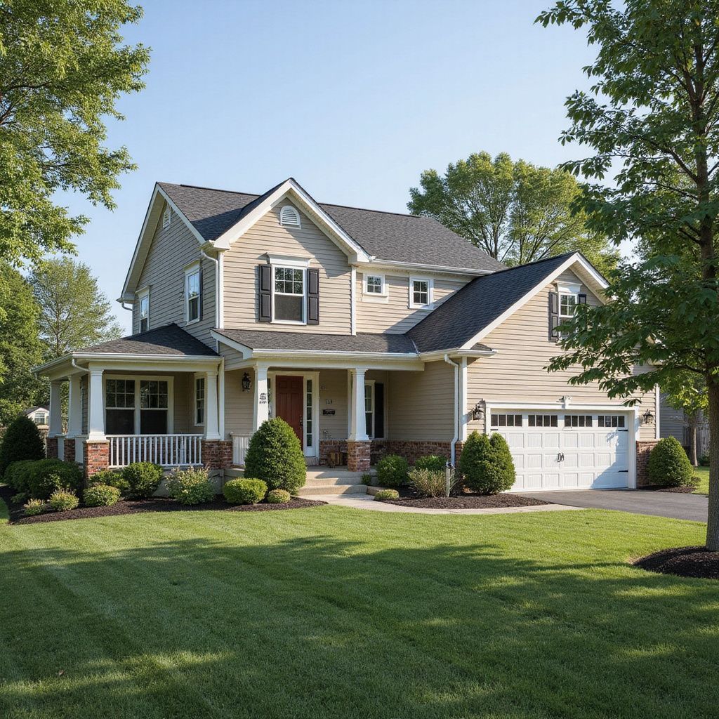 Beige two-story house with green lawn, trees, and a white garage door, under a clear blue sky.