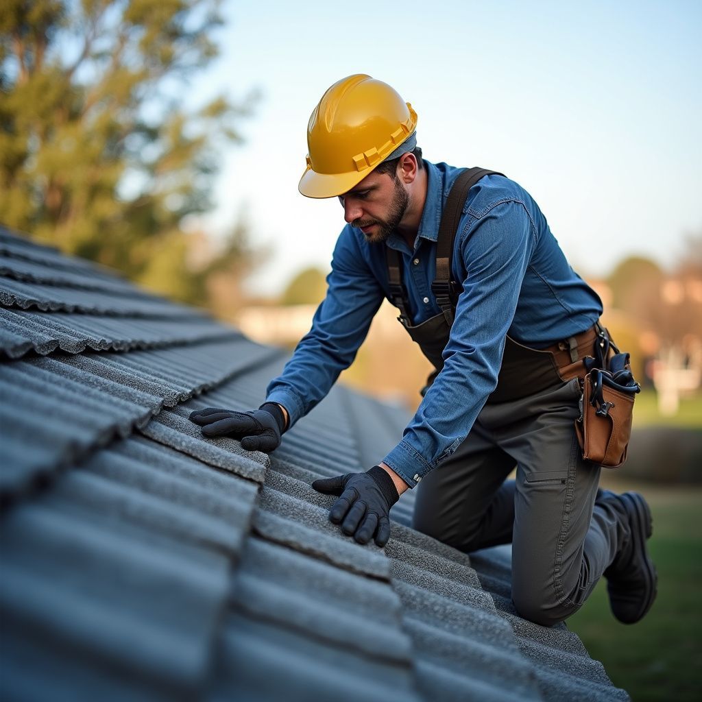 Roofer wearing a yellow hard hat and gloves inspecting gray roof tiles on a residential rooftop.