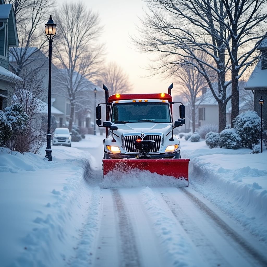 Snowplow clearing a residential street lined with snow-covered houses and bare trees.
