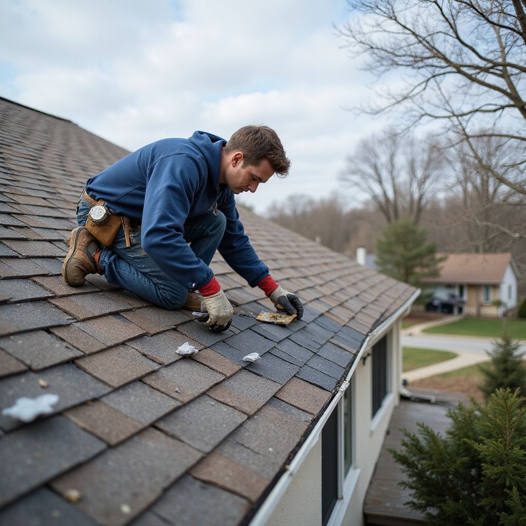Roofer kneeling on a roof, working on shingles. Cloudy day, tree in background.