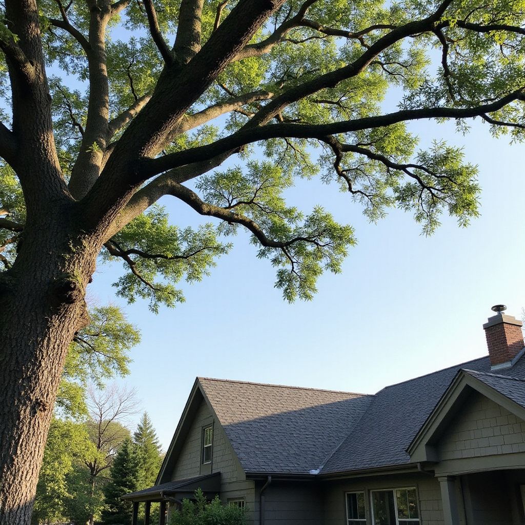 Large tree shading a house with a gray roof and a brick chimney, clear sky in background.